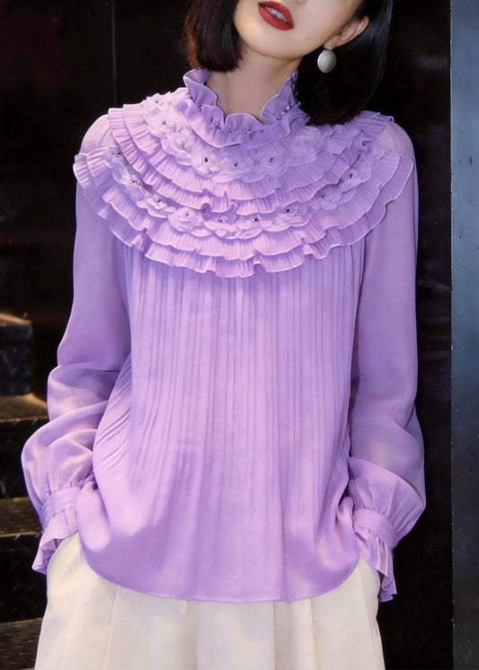 Simple Purple Mock Neck Nail Bead Layered Ruffled Chiffon Shirt Fall