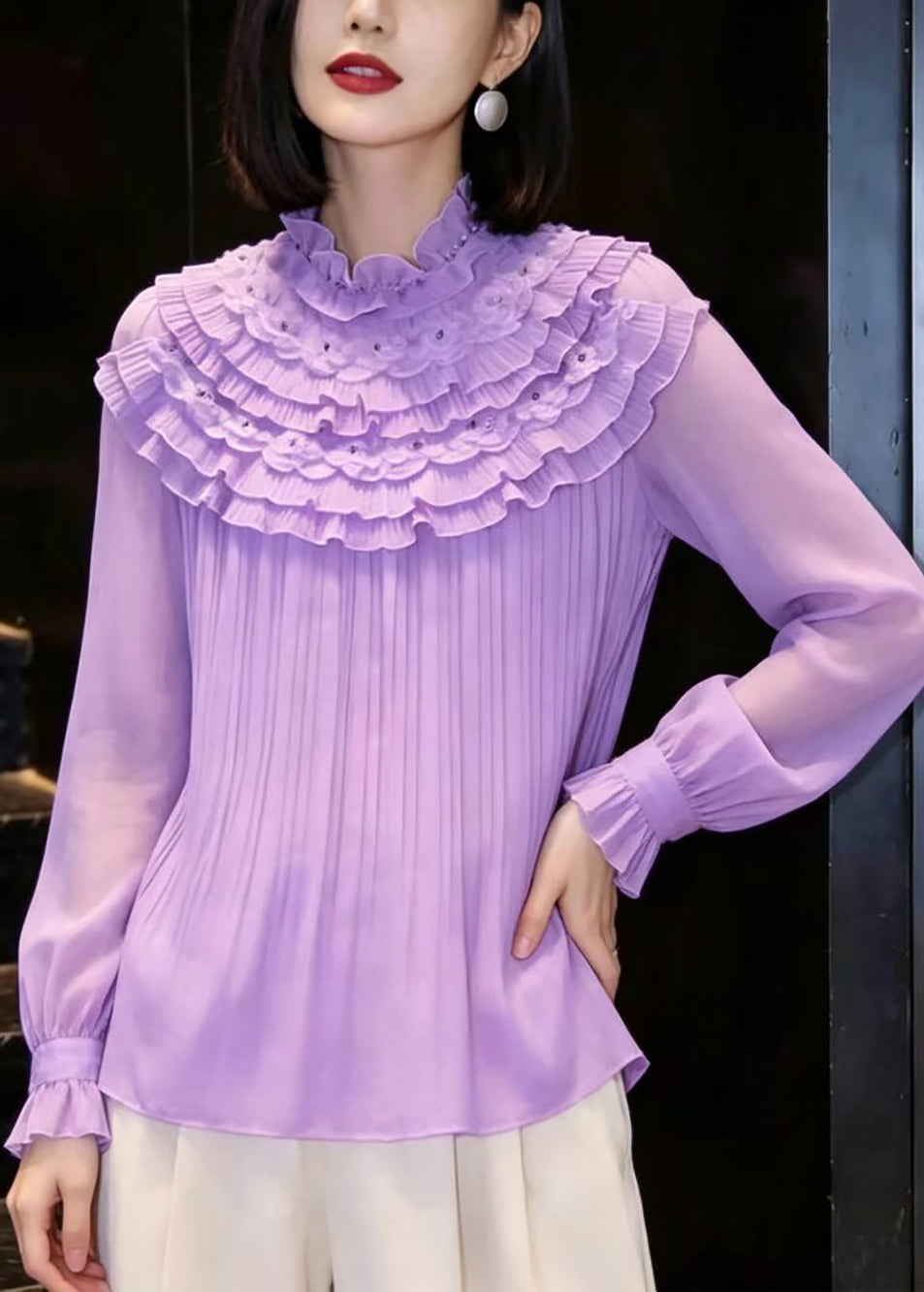 Simple Purple Mock Neck Nail Bead Layered Ruffled Chiffon Shirt Fall