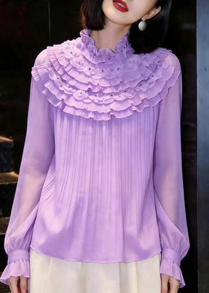 Simple Purple Mock Neck Nail Bead Layered Ruffled Chiffon Shirt Fall