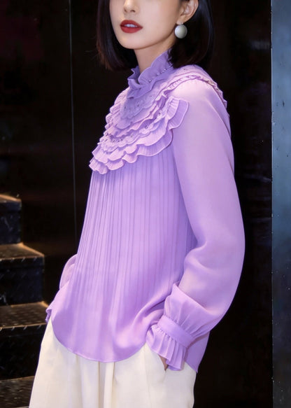 Simple Purple Mock Neck Nail Bead Layered Ruffled Chiffon Shirt Fall