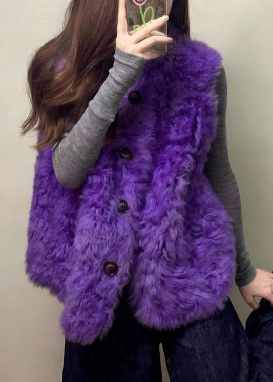 Simple Purple O Neck Button Pockets Teddy Faux Fur Waistcoat Sleeveless
