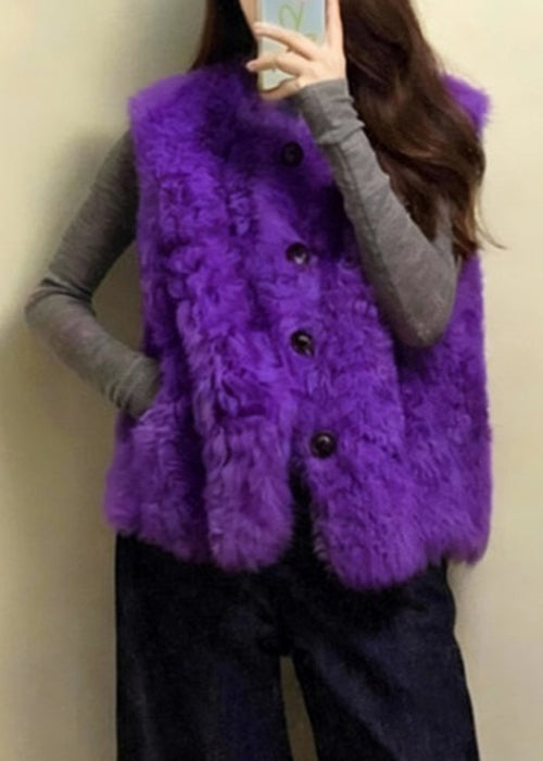 Simple Purple O Neck Button Pockets Teddy Faux Fur Waistcoat Sleeveless