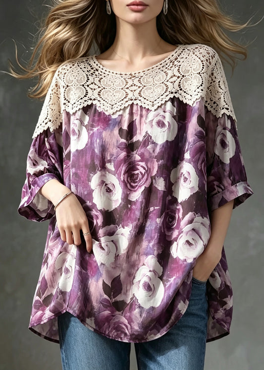 Simple Purple O-Neck Lace Patchwork Print Shirt Top Summer