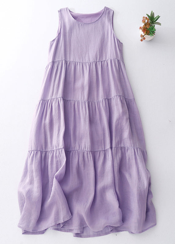 Simple Purple O-Neck Solid Cotton Long Dresses Sleeveless