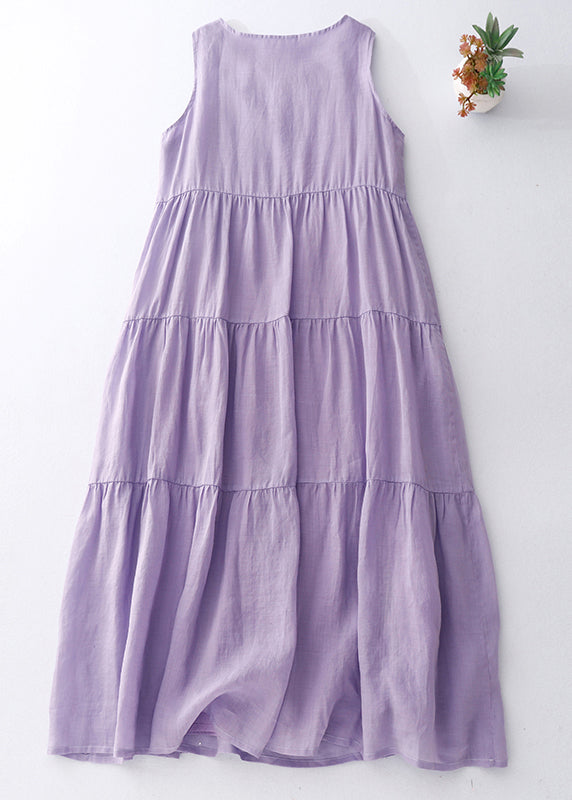 Simple Purple O-Neck Solid Cotton Long Dresses Sleeveless