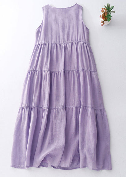 Simple Purple O-Neck Solid Cotton Long Dresses Sleeveless