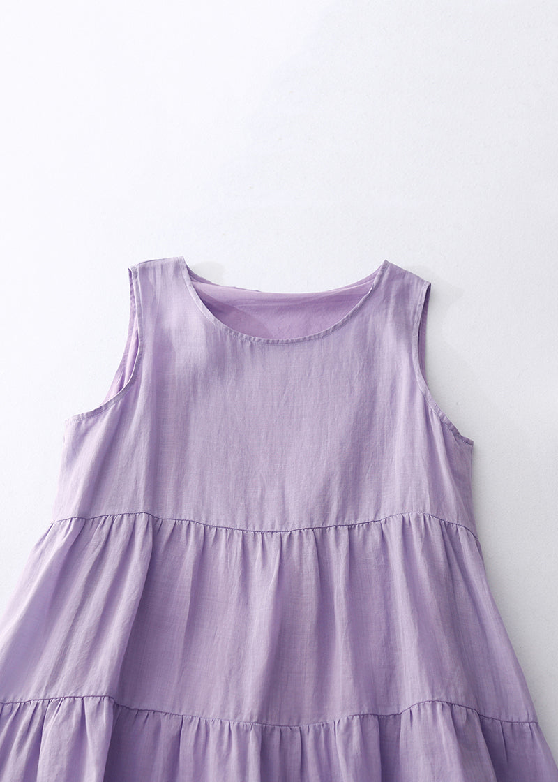 Simple Purple O-Neck Solid Cotton Long Dresses Sleeveless