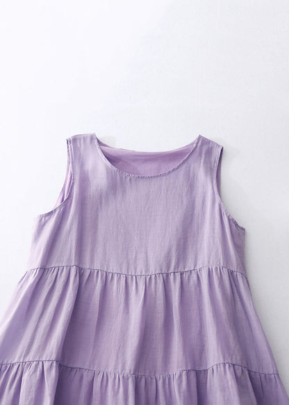 Simple Purple O-Neck Solid Cotton Long Dresses Sleeveless