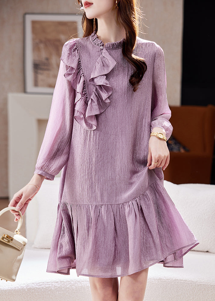 Simple Purple Stand Collar Ruffled Mid Dress Spring