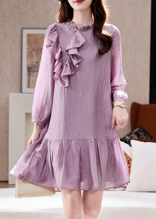 Simple Purple Stand Collar Ruffled Mid Dress Spring