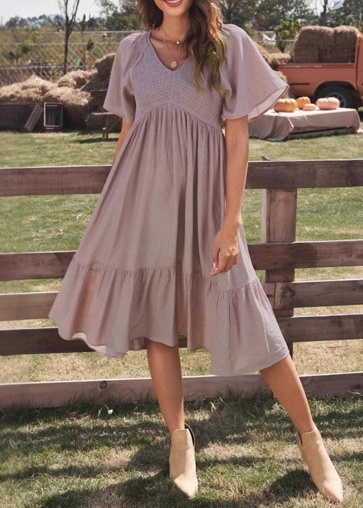 Simple Purple V Neck Wrinkled Solid Cotton Dresses Summer