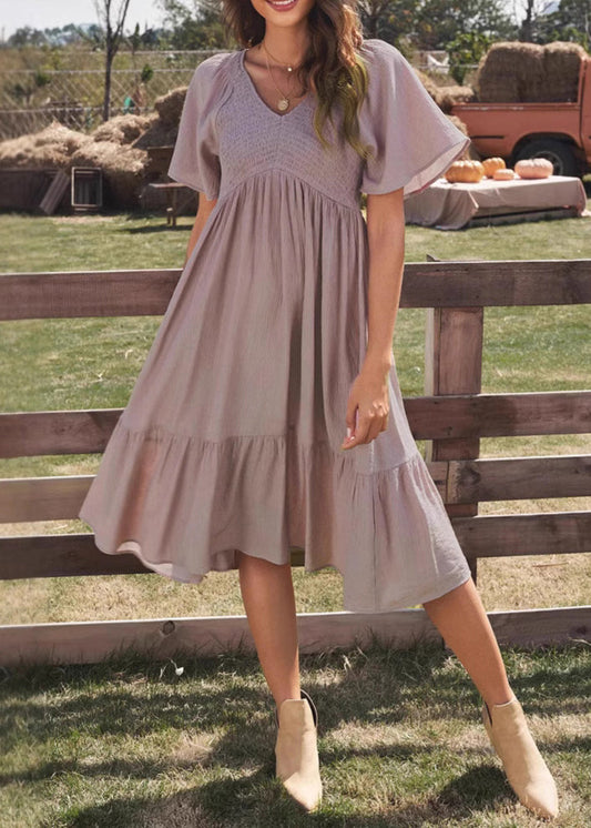 Simple Purple V Neck Wrinkled Solid Cotton Dresses Summer