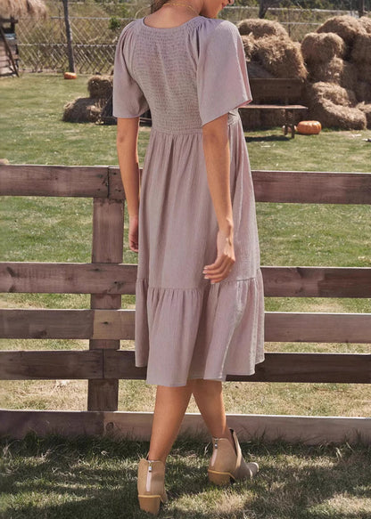 Simple Purple V Neck Wrinkled Solid Cotton Dresses Summer