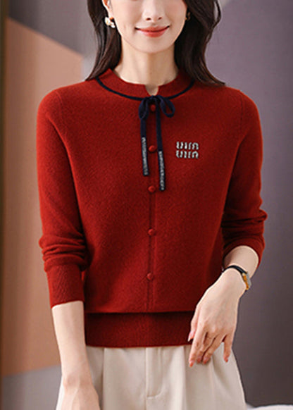 Simple Red Button Thick Solid Woolen Sweater Long Sleeve