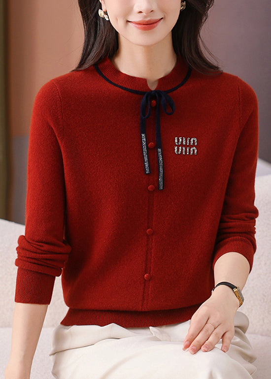 Simple Red Button Thick Solid Woolen Sweater Long Sleeve