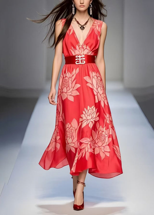 Simple Red Cinched Print Chiffon Holiday Dress Sleeveless