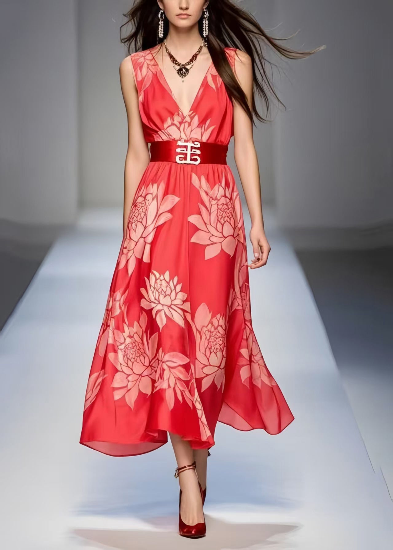 Simple Red Cinched Print Chiffon Holiday Dress Sleeveless