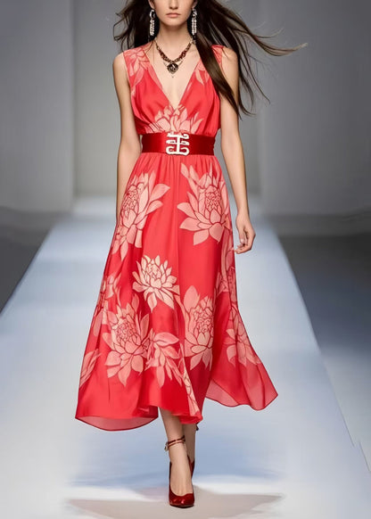 Simple Red Cinched Print Chiffon Holiday Dress Sleeveless