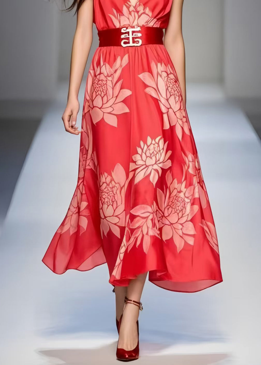 Simple Red Cinched Print Chiffon Holiday Dress Sleeveless