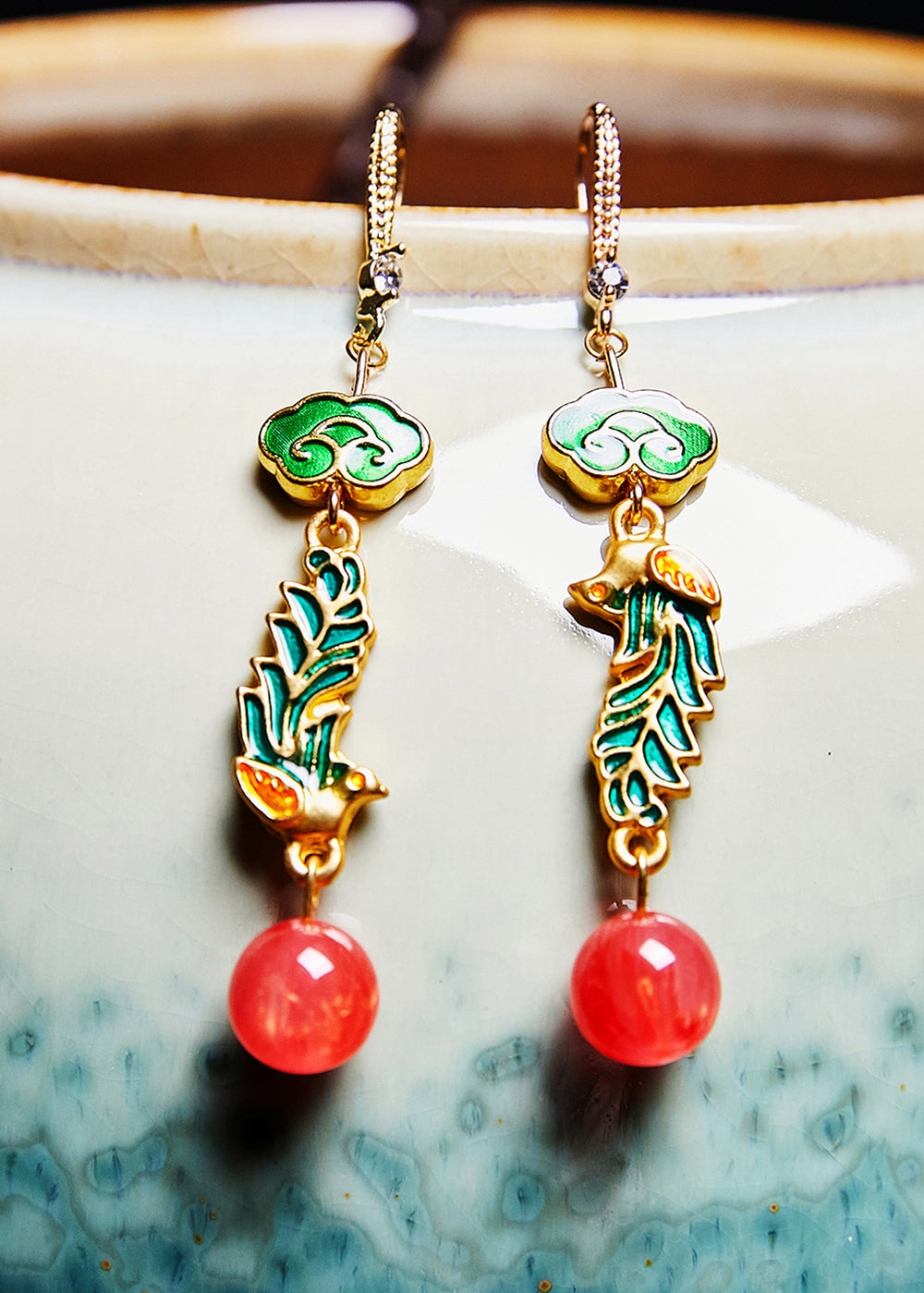 Simple Red Gem Stone Phoenix Gilding Drop Earrings