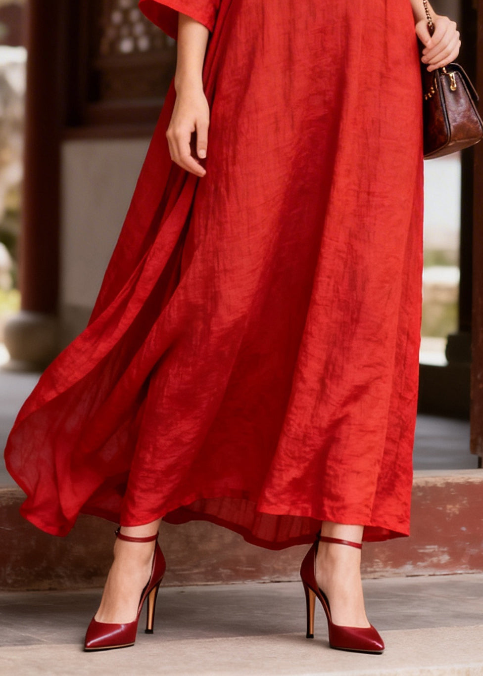 Simple Red Oversized Chinese Button Cotton Party Dress Bracelet Sleeve