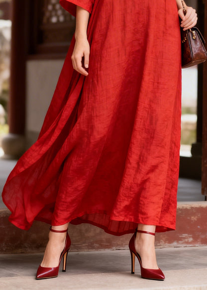 Simple Red Oversized Chinese Button Cotton Party Dress Bracelet Sleeve