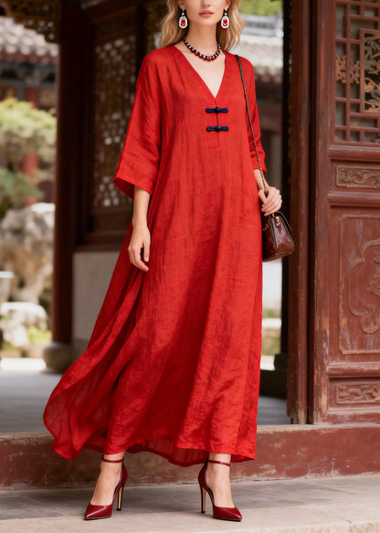 Simple Red Oversized Chinese Button Cotton Party Dress Bracelet Sleeve