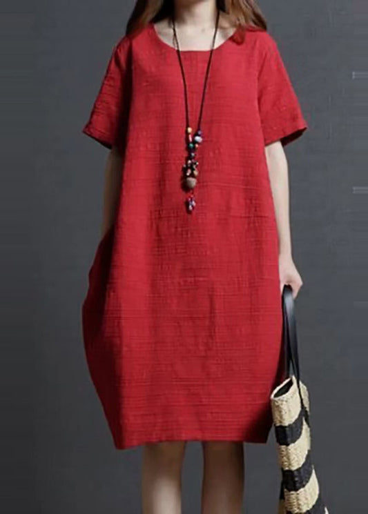 Simple Red Oversized Linen Mid Dress Summer