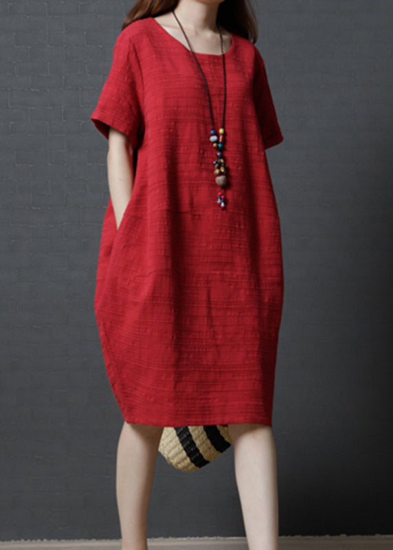 Simple Red Oversized Linen Mid Dress Summer