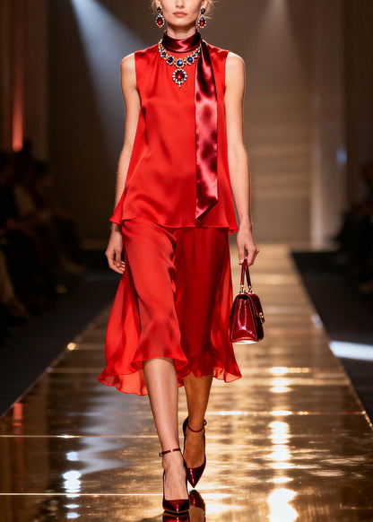 Simple Red Patchwork Draping Chiffon Straight Dress Sleeveless