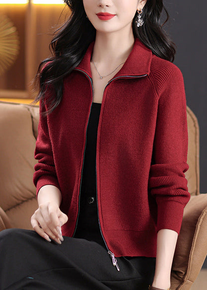 Simple Red Patchwork Solid Knitted Cotton Coats Lantern Sleeve