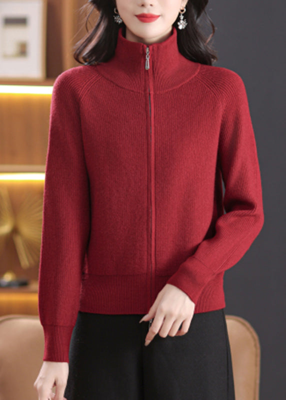 Simple Red Patchwork Solid Knitted Cotton Coats Lantern Sleeve