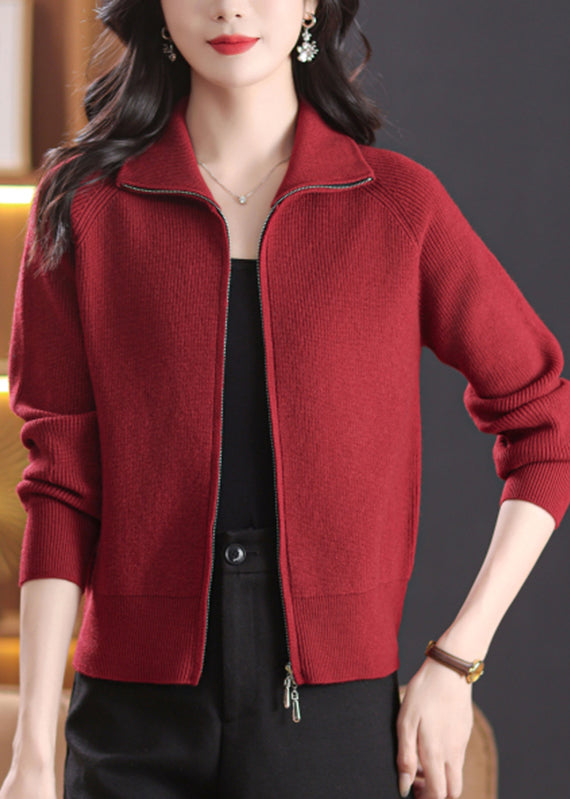 Simple Red Patchwork Solid Knitted Cotton Coats Lantern Sleeve