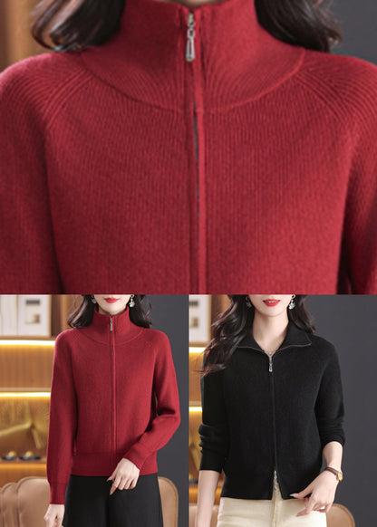 Simple Red Patchwork Solid Knitted Cotton Coats Lantern Sleeve