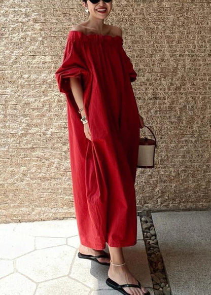Simple Red Slash Neck Ruffled Solid Cotton Long Dresses Summer