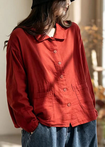 Simple Red Turn-Down Collar Pockets Double-Iayer Cotton Jacket Fall