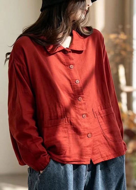 Simple Red Turn-Down Collar Pockets Double-Iayer Cotton Jacket Fall