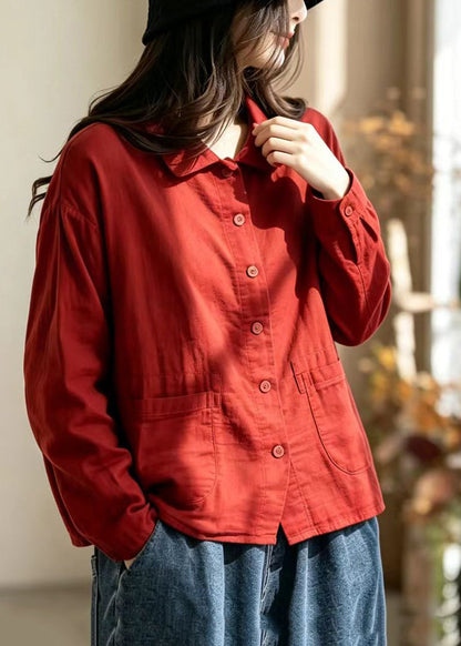 Simple Red Turn-Down Collar Pockets Double-Iayer Cotton Jacket Fall