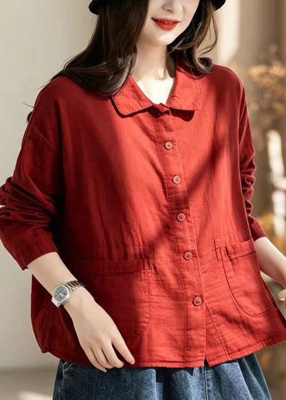 Simple Red Turn-Down Collar Pockets Double-Iayer Cotton Jacket Fall