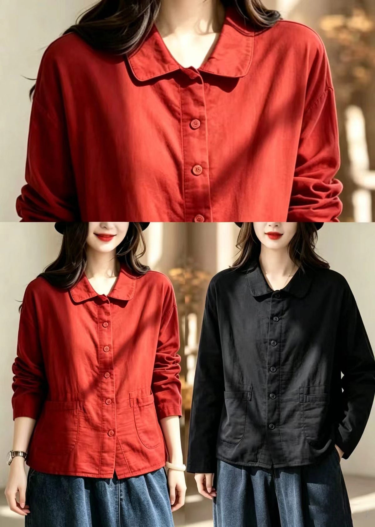 Simple Red Turn-Down Collar Pockets Double-Iayer Cotton Jacket Fall