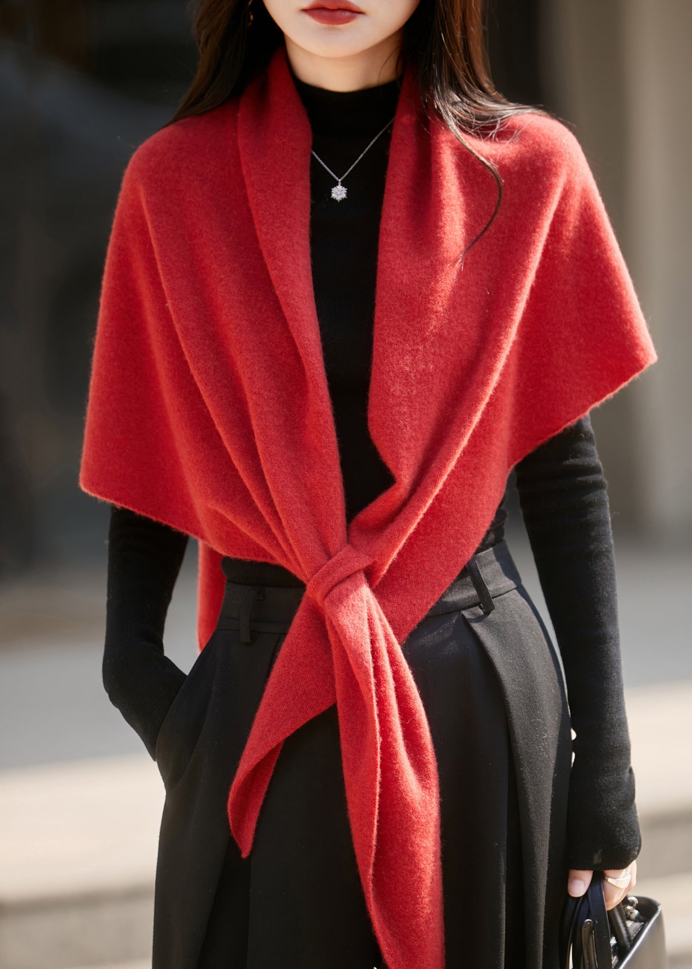 Simple Red V Neck Lace Up Woolen Cape Sweater Batwing Sleeve