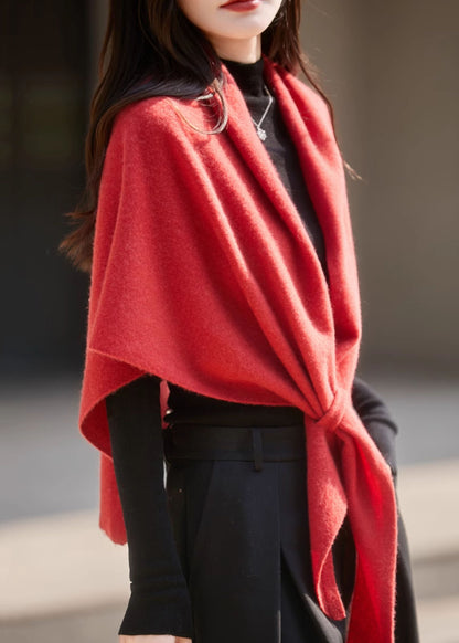 Simple Red V Neck Lace Up Woolen Cape Sweater Batwing Sleeve
