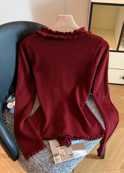 Simple Red V Neck Ruffled Knit Sweater Fall