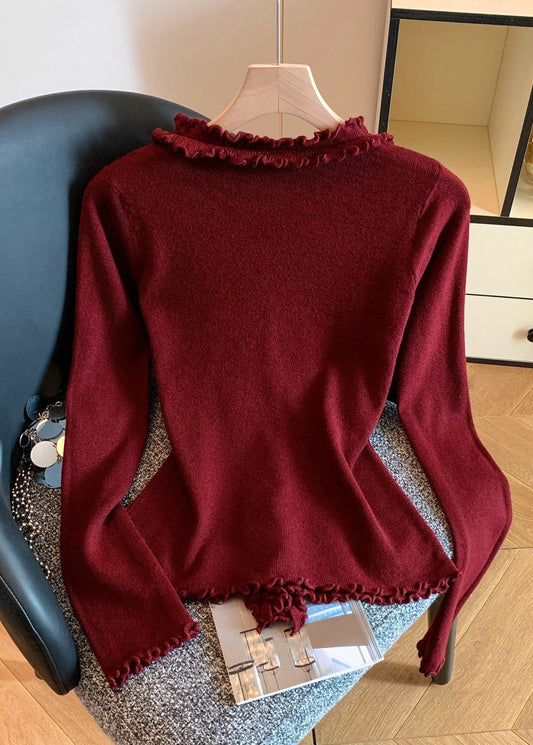 Simple Red V Neck Ruffled Knit Sweater Fall