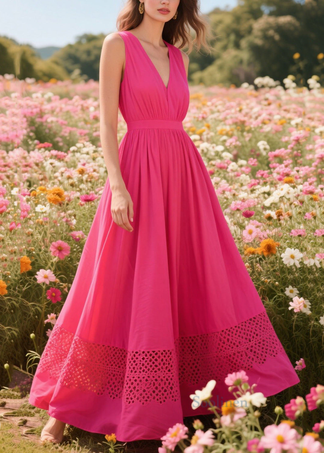 Simple Rose Patchwork Hollow Out Cotton Cami Dresses Summer