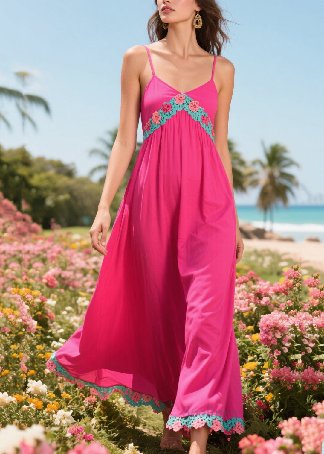 Simple Rose Patchwork Lace Cotton Beach Dress Summer