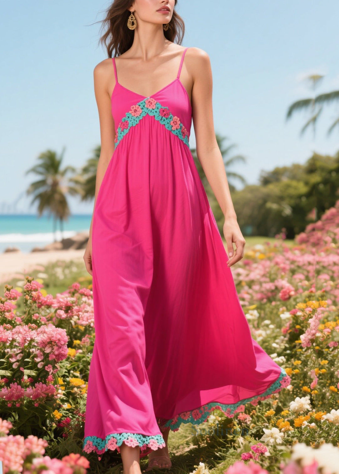 Simple Rose Patchwork Lace Cotton Beach Dress Summer