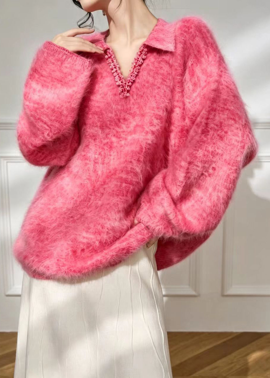 Simple Rose Polo V Neck Lace Trim Imitation Mohair Sweater Fall