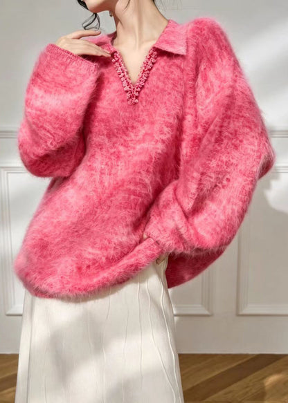 Simple Rose Polo V Neck Lace Trim Imitation Mohair Sweater Fall