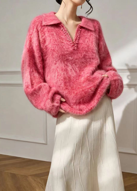 Simple Rose Polo V Neck Lace Trim Imitation Mohair Sweater Fall